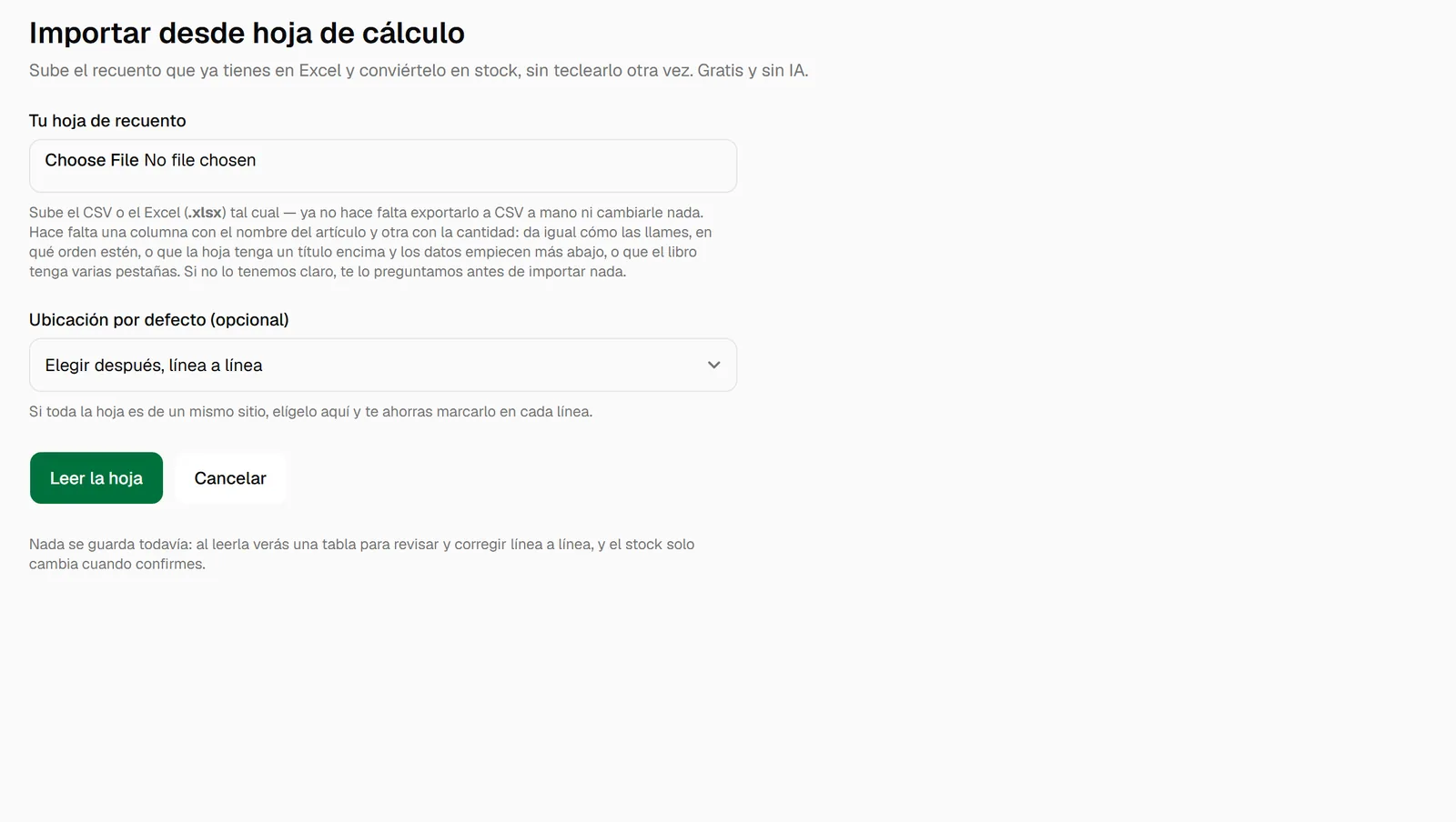 Pantalla de importar una hoja de cálculo, con la vista previa de las filas y los desplegables de columnas.